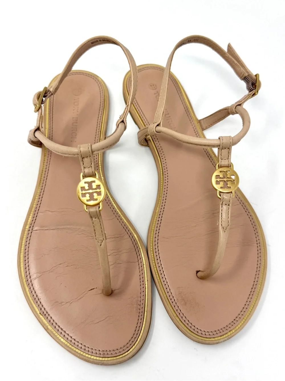 Tory Burch Nude Tan Leather Logo T-Strap Sandals